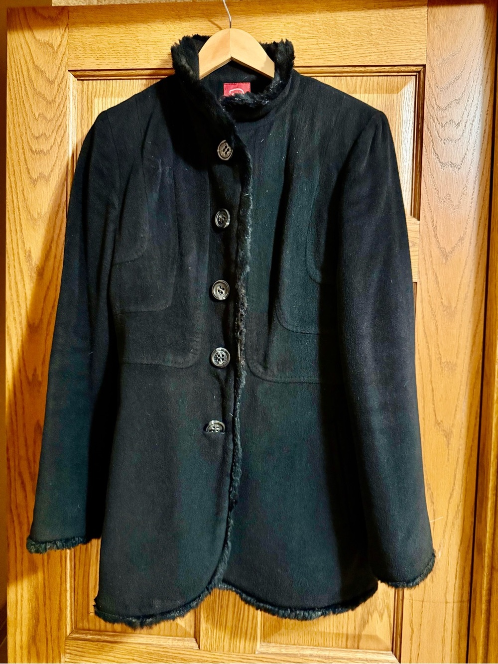 Oscar de la Renta Vintage Black Faux-Fur Trimmed Wool Pea Coat - size 6